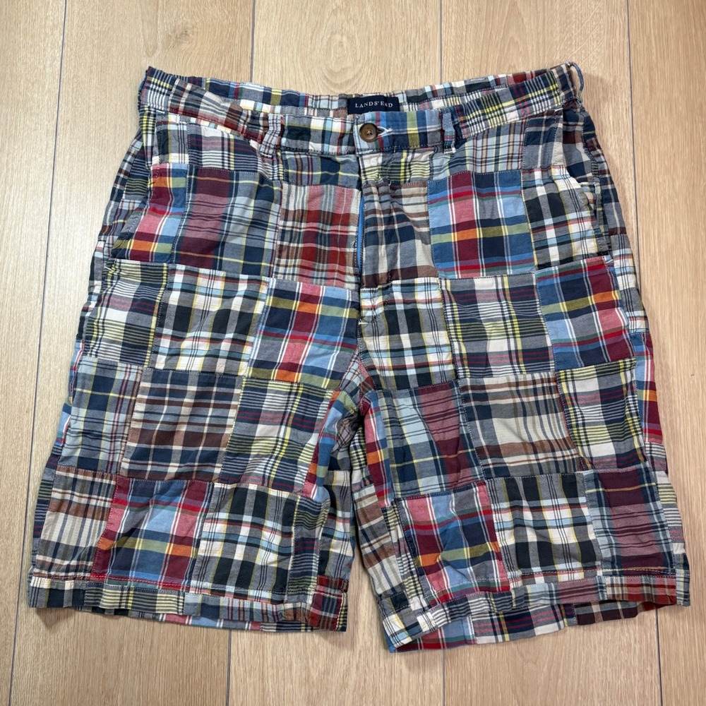 Lands End Mens 34 Traditional Fit Patchwork Madras Plaid Shorts Multi Color 8"